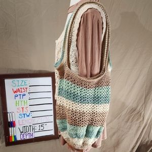 Handcrafted openweave crochet shoulder bag/marketbag/tote teal,white&tan stripes